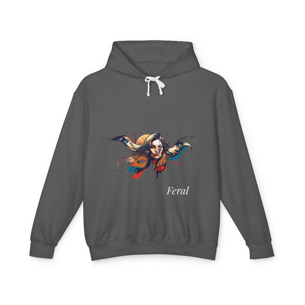 Gray hoodie with a colorful graphic and 'Feral' text on a white background