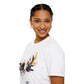 White unisex cotton t-shirt in side profile on smiling woman with braided hair, featuring bold Pisces zodiac graphic on chest: vibrant abstract twin fish swimming in mirrored formation, detailed scales and fins, intense eyes, geometric accents, and dynamic multicolored paint splatters in gold, red, navy, teal, blue, and black tones bursting outward. Elegant black cursive "Pisces" text below. Astrology zodiac motivational crewneck tee.