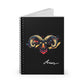 Notebook with a colorful abstract Aries ram head portrait, large curved horns, intense expression, and paint splatters on a black background, featuring the word "Aries".