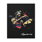 Close up of black canvas wall art print of colorful abstract Aquarius water bearer pouring vessel with tribal face paint and cosmic splatters on dark background, featuring "Aquarius" in elegant white cursive.