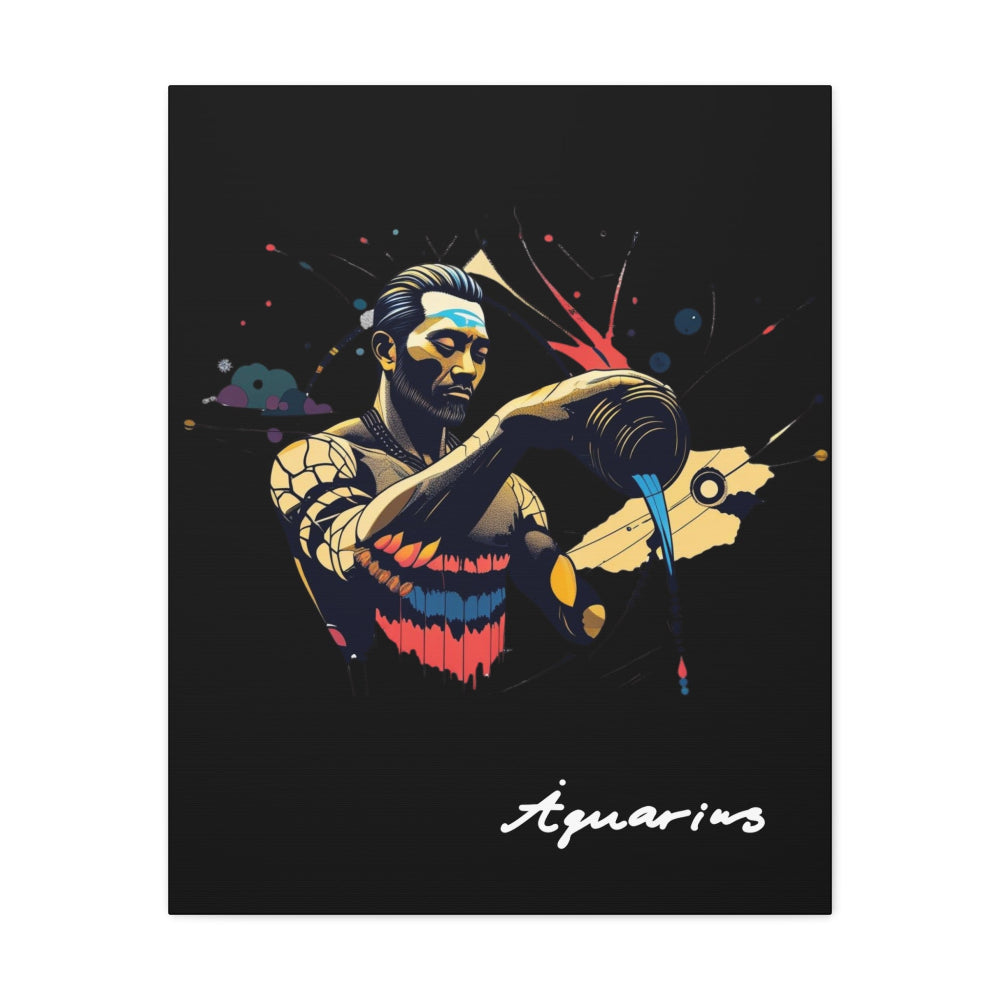 Close up of black canvas wall art print of colorful abstract Aquarius water bearer pouring vessel with tribal face paint and cosmic splatters on dark background, featuring "Aquarius" in elegant white cursive.