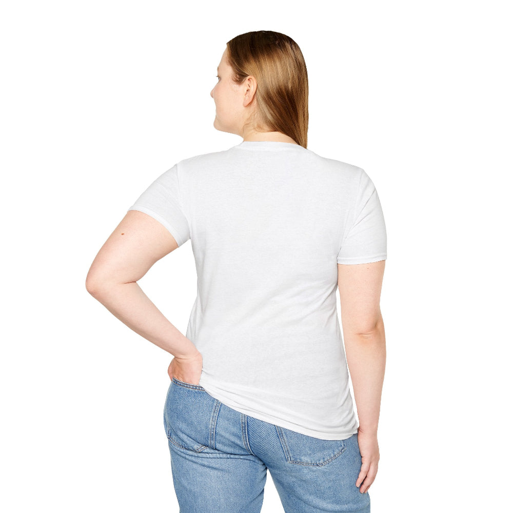 White unisex cotton t-shirt back view on female model with long brown hair, hands on hips: plain blank white with no print, short sleeves, relaxed fit, curved hem, and natural drape. Soft comfortable premium basic white t-shirt rear view for women.