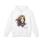 White hoodie with a colorful graphic of a woman's face and the word 'Feral' on a white background