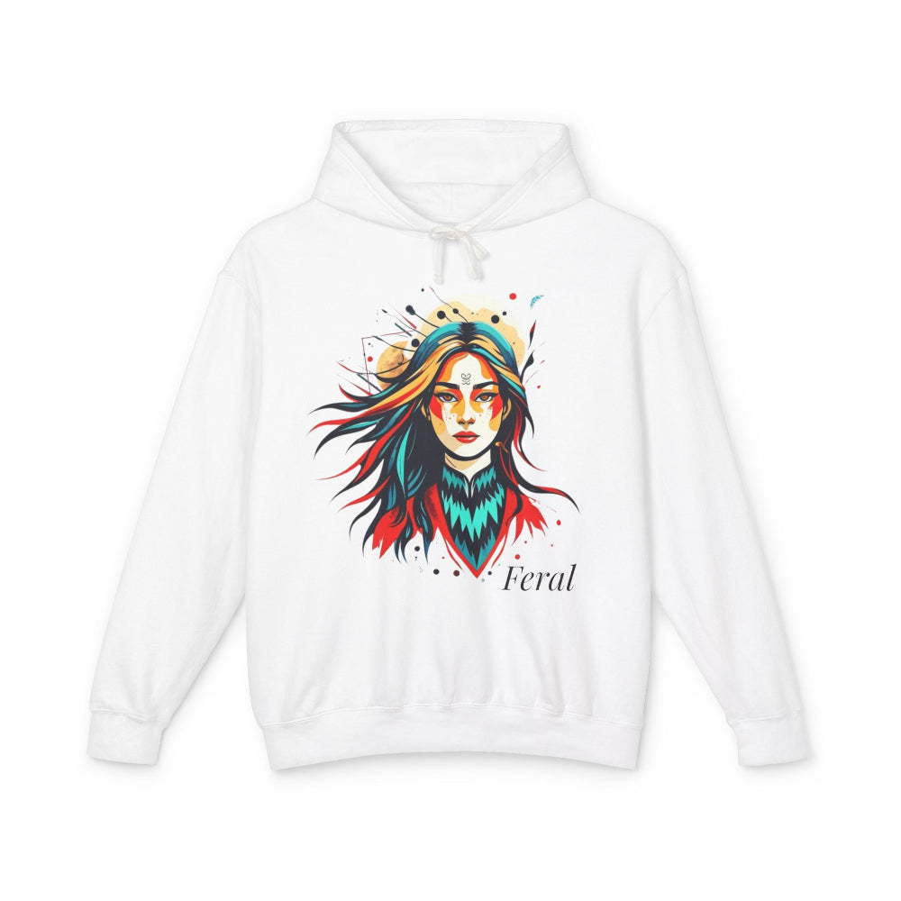 White hoodie with a colorful graphic of a woman's face and the word 'Feral' on a white background