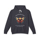 Charcoal gray hoodie featuring colorful abstract butterfly graphic with moon background, "TRANSFORMATION" arched above, and inspirational quote "Even when process feels fragile, you are becoming free" below