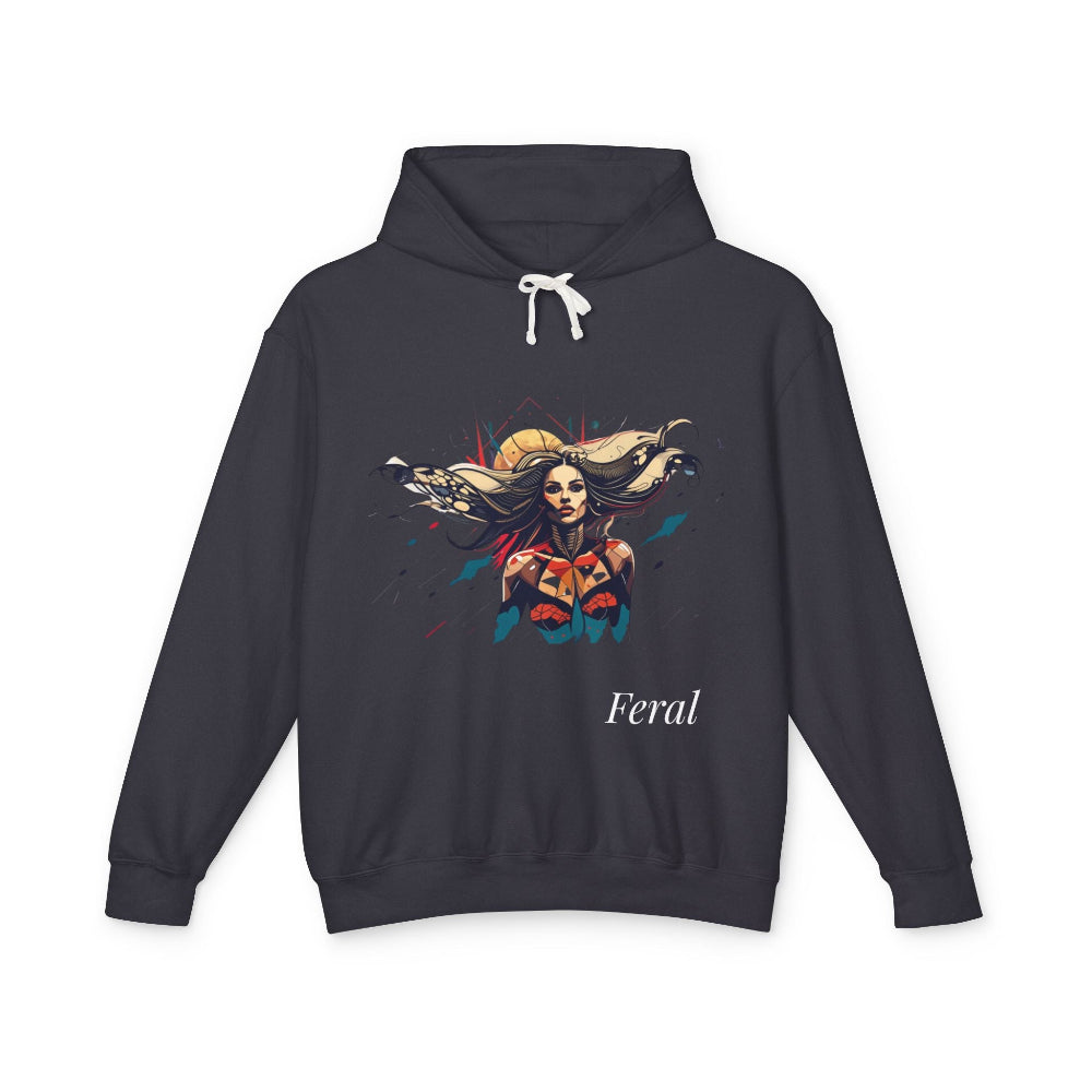 Black hoodie with a graphic design of a woman and the word 'Feral' on a white background