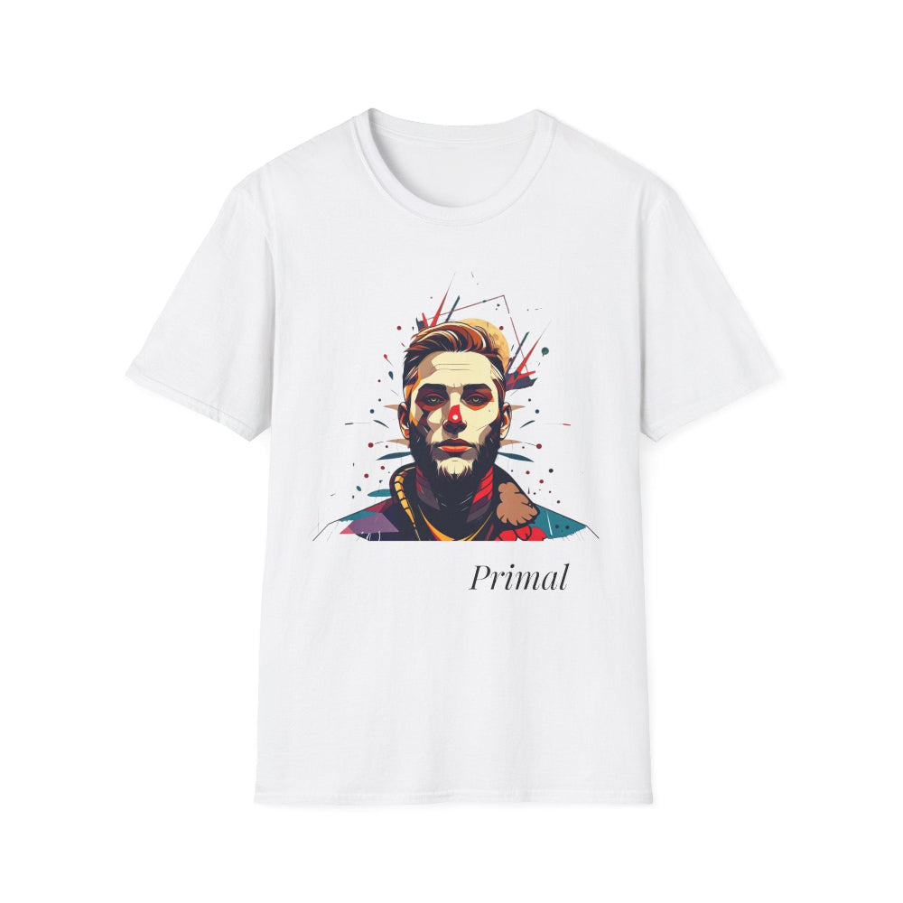 White unisex cotton t-shirt featuring bold Primal graphic print: stylized intense bearded man portrait with stylish hair, red nose accent, vibrant multicolored geometric shards in red, orange, teal, and blue tones, dynamic paint splatters exploding outward. Elegant black cursive "Primal" text below. Primal masculine energy motivational crewneck tee.