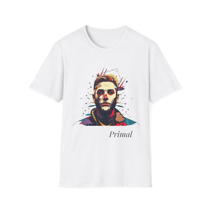 White unisex cotton t-shirt featuring bold Primal graphic print: stylized intense bearded man portrait with stylish hair, red nose accent, vibrant multicolored geometric shards in red, orange, teal, and blue tones, dynamic paint splatters exploding outward. Elegant black cursive "Primal" text below. Primal masculine energy motivational crewneck tee.
