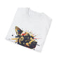 White folded unisex cotton t-shirt featuring bold Year of the Dog zodiac graphic print: vibrant abstract dog face portrait with intense glowing eyes, detailed fur texture, alert expression, geometric accents, and dynamic multicolored paint splatters in gold, red, blue, teal, orange, and black tones exploding outward. Chinese text "狗年" (Year of the Dog) printed below in black. Chinese New Year zodiac motivational crewneck tee.