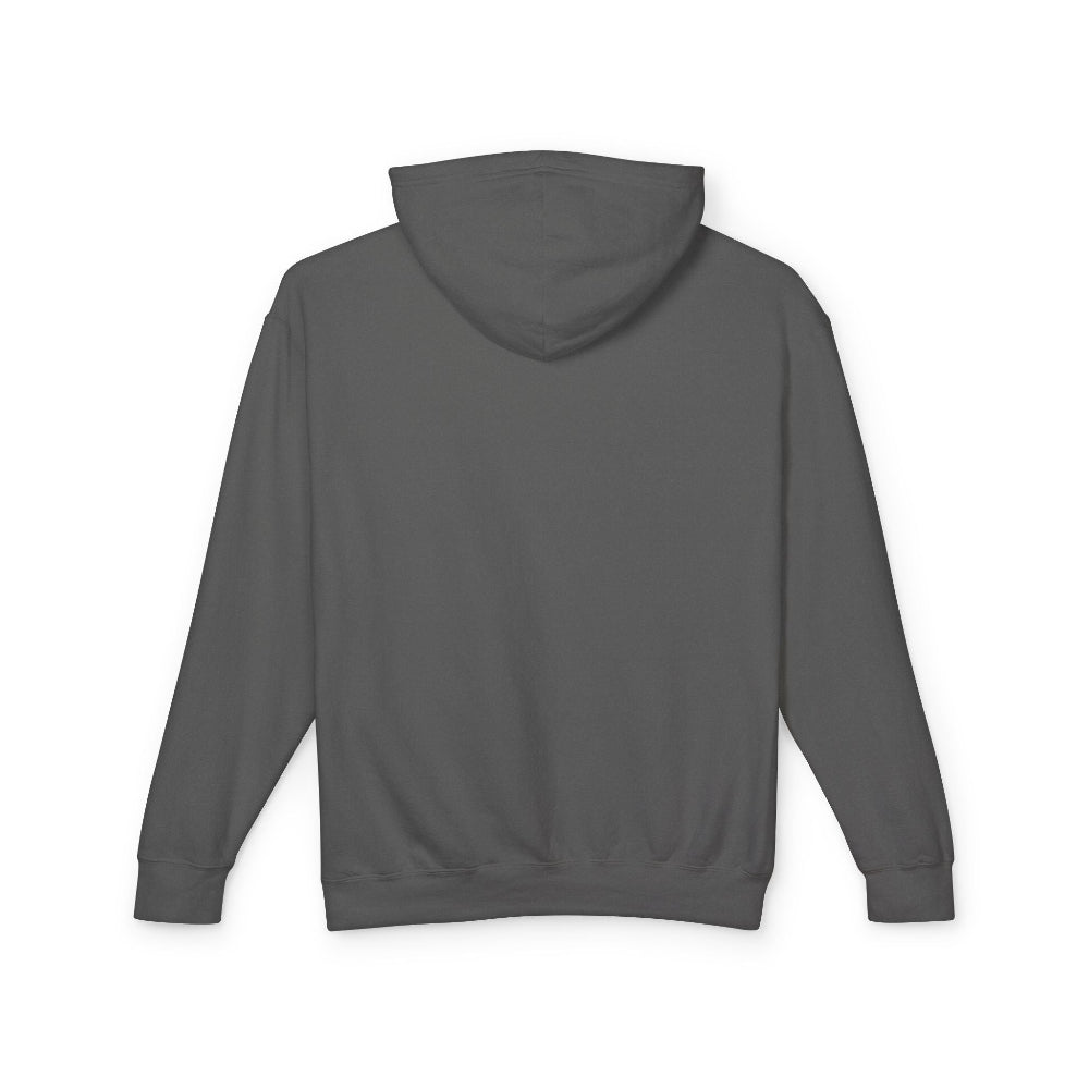 Back view of a plain gray hoodie laid flat, showing the hood, long sleeves, ribbed cuffs, and hem. Blank back design perfect for customization. Classic unisex pullover hoodie.