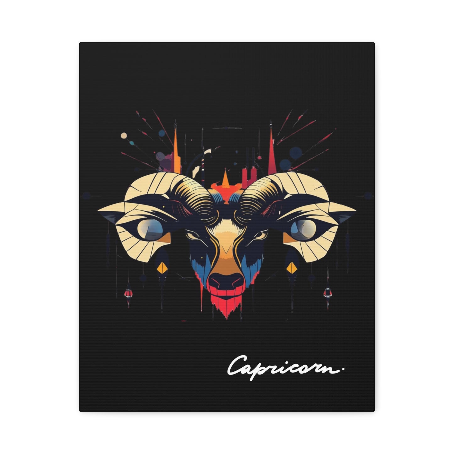 Colorful illustration of a ram's head with 'Capricorn' text on a black canvas print