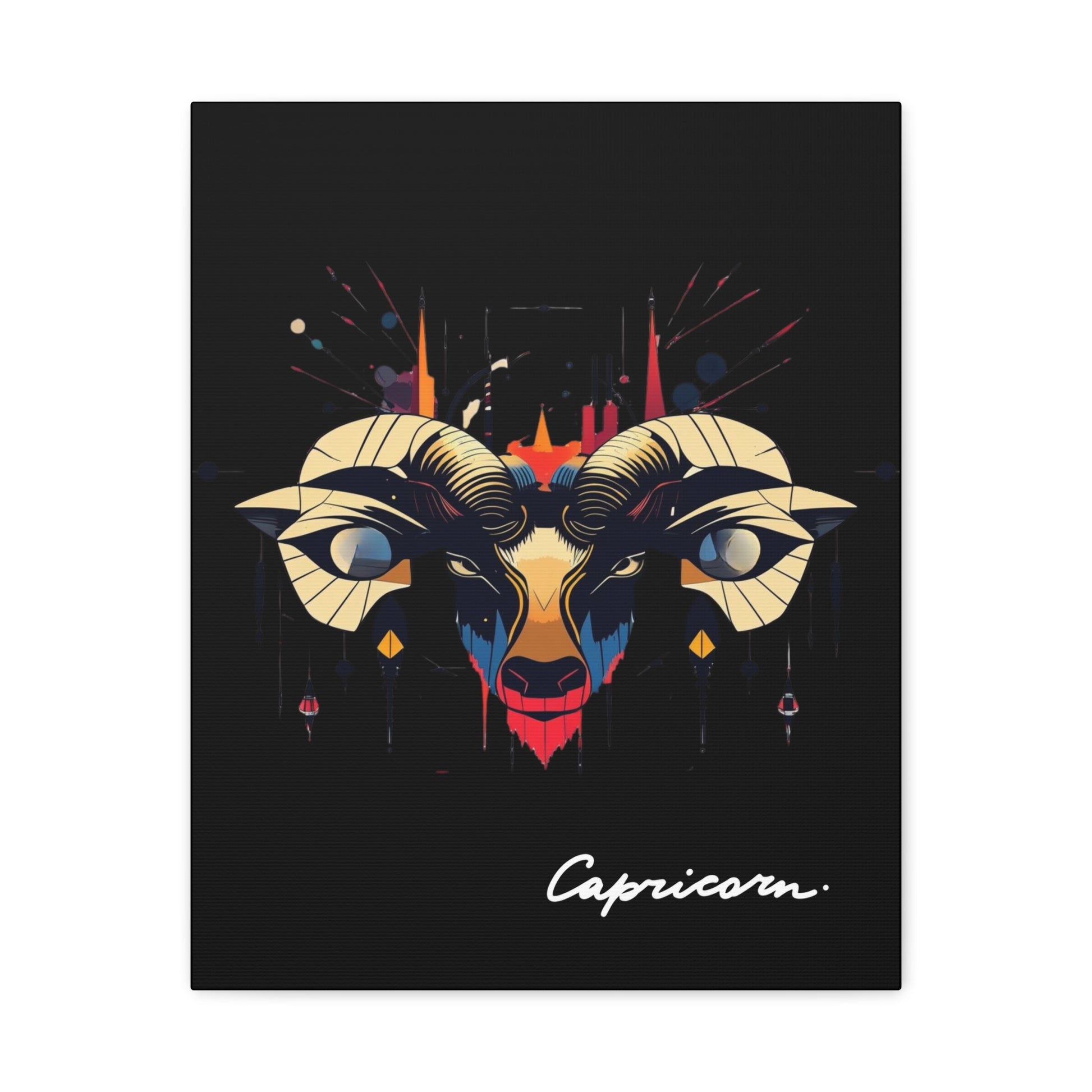 Colorful illustration of a ram's head with 'Capricorn' text on a black canvas print