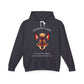 Dark gray hoodie with vibrant multicolored wolf head graphic, intense eyes in orange blue teal splashes, full moon above, "SHADOW GUIDE" arched text, motivational quote "Even when fear appears, your intuition shows the way" below