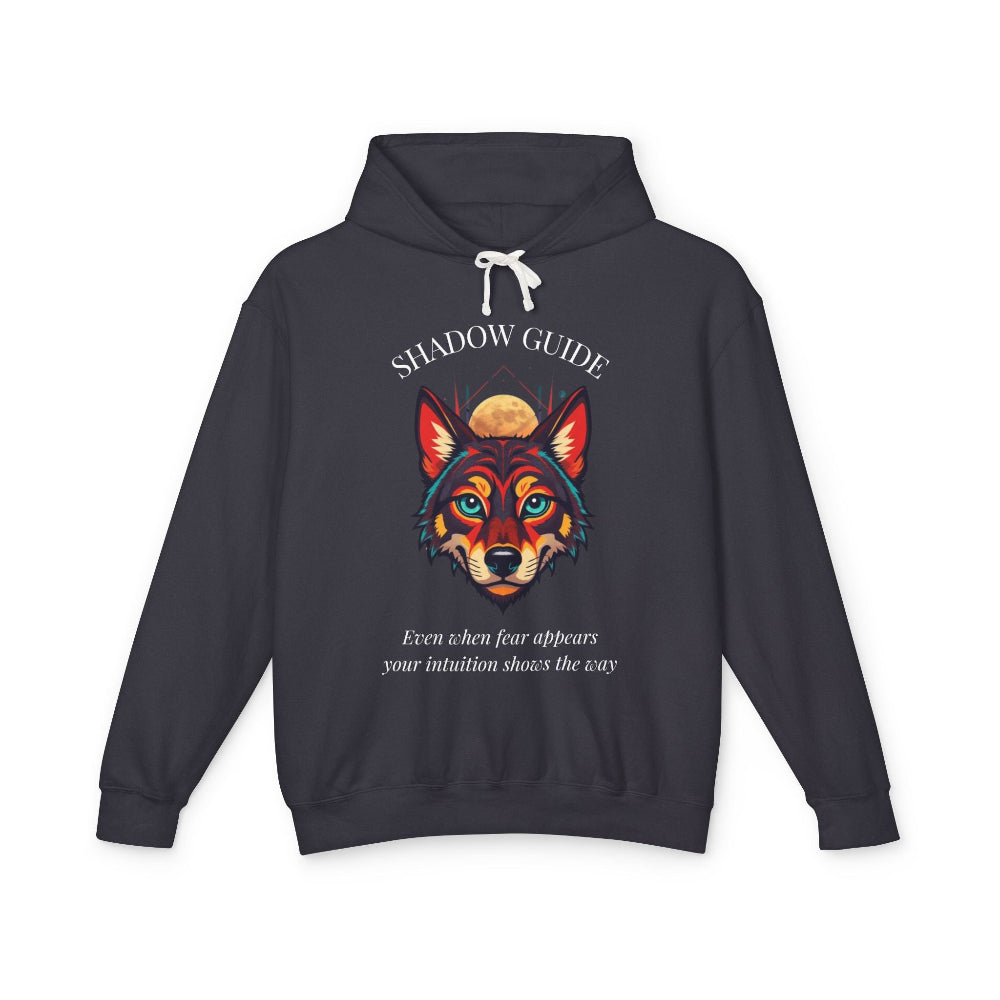 Dark gray hoodie with vibrant multicolored wolf head graphic, intense eyes in orange blue teal splashes, full moon above, "SHADOW GUIDE" arched text, motivational quote "Even when fear appears, your intuition shows the way" below