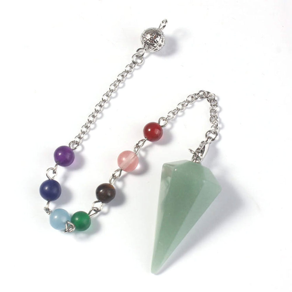 Silver pendulum with a large polished green aventurine triangular point, attached to a chain with seven chakra gemstone beads (green aventurine, aquamarine, lapis lazuli, amethyst, rose quartz, carnelian, tiger's eye) and an ornate silver acorn charm. Chakra dowsing tool for divination and energy healing.