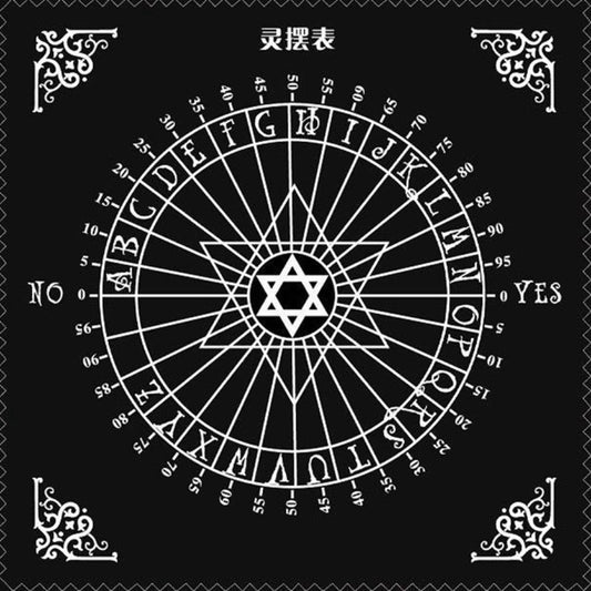 Black and white spirit board (灵摆表) featuring a large circular wheel with letters A-Z, numbers 0-9, "YES" and "NO", and a central Star of David symbol. Traditional divination tool with ornate corner decorations.
