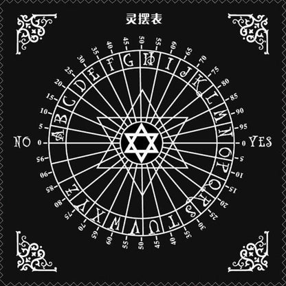 Black and white spirit board (ouija-style chart) with a large circular wheel featuring letters A-Z, numbers 0-9, "YES" and "NO", and a central Star of David symbol. Traditional divination tool with ornate corner decorations and Chinese title "灵摆表" at the top.