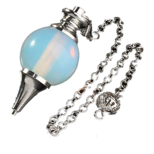Silver pendulum with a large iridescent light blue opalite sphere, pointed metal tip, and ornate silver chain with a decorative acorn charm. Dowsing tool for divination and energy work.