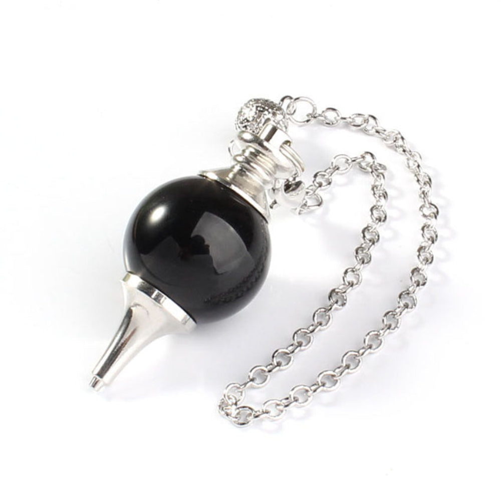 Silver pendulum with a glossy black onyx sphere, pointed metal tip, and ornate silver chain. Classic dowsing tool for divination, energy healing, and spiritual guidance.