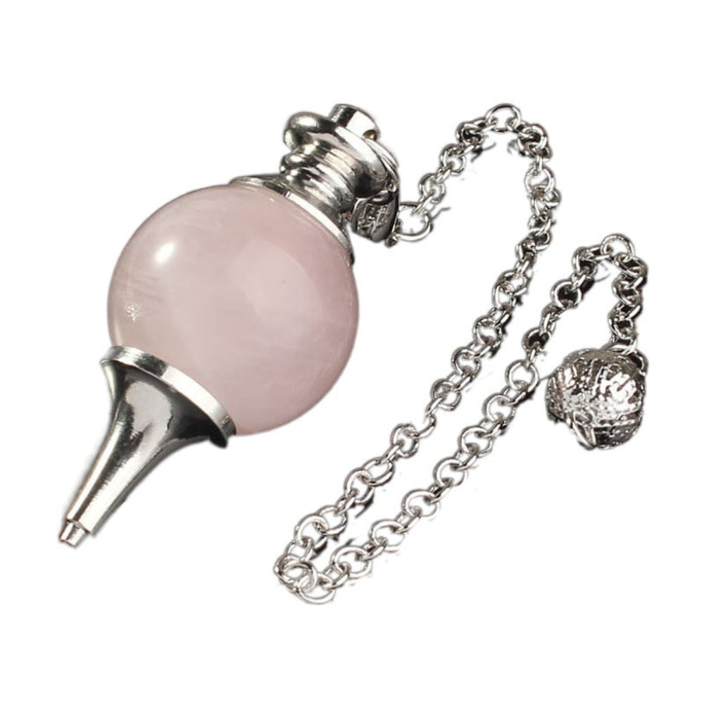 Silver pendulum with a large polished rose quartz sphere, pointed metal tip, and ornate silver chain with a decorative acorn charm. Dowsing tool for divination, healing, and energy work.