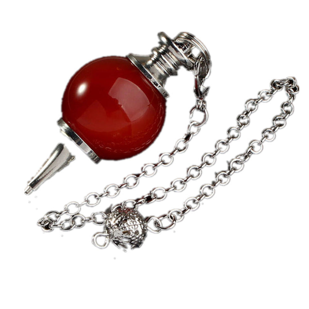 Silver pendulum with a glossy red carnelian sphere, pointed metal tip, and ornate silver chain with a decorative acorn charm. Dowsing tool for divination, energy work, and spiritual guidance.