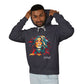 Man wearing a dark gray hoodie with a colorful graphic design and the word 'Feral' on a white background