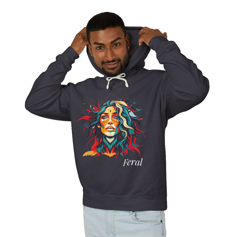 Man wearing a dark gray hoodie with a colorful graphic design and the word 'Feral' on a white background