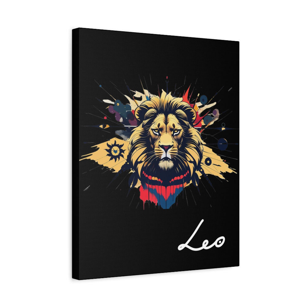 Leo zodiac canvas wall art featuring a bold illustrated golden lion on black background with colorful cosmic accents and handwritten Leo text