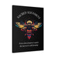 Black canvas wall art print of colorful abstract sacred bee with detailed wings, geometric accents, and cosmic splatters on dark background. Arched white text "SACRED ALIGNMENT" above and quote "Even when progress is quiet, the harvest is still forming" below. 