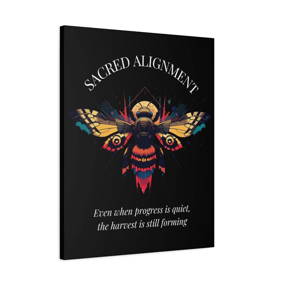 Black canvas wall art print of colorful abstract sacred bee with detailed wings, geometric accents, and cosmic splatters on dark background. Arched white text "SACRED ALIGNMENT" above and quote "Even when progress is quiet, the harvest is still forming" below. 