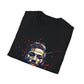 Black folded unisex cotton t-shirt featuring bold "Primal" graphic print: vibrant abstract geometric male portrait with intense expression, stylish hair and beard, multicolored shards and accents in red, orange, teal, blue, and gold tones exploding outward with dynamic paint splatters. Elegant white cursive "Primal" text below. Primal masculine energy motivational crewneck tee flat lay.