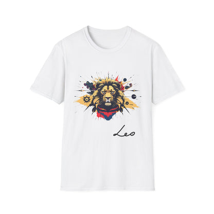 White unisex cotton t-shirt featuring bold Leo zodiac graphic: vibrant abstract lion head portrait with powerful flowing mane, fierce intense eyes, regal expression, geometric accents, and dynamic multicolored paint splatters in gold, red, navy, teal, and black tones exploding outward. Elegant black cursive "Leo" text below. Astrology zodiac motivational crewneck tee.