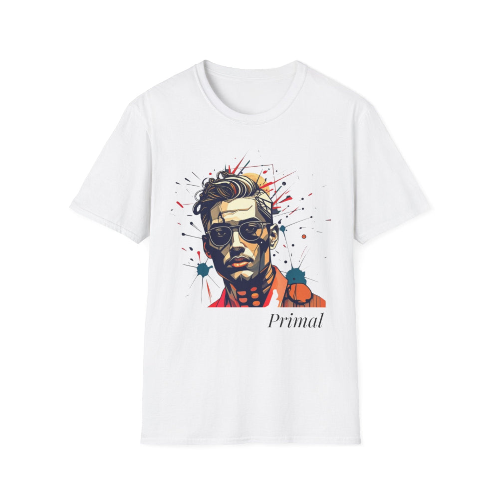White unisex cotton t-shirt featuring bold Primal graphic print: stylized intense man portrait wearing dark sunglasses, stylish hair, red shirt collar, surrounded by vibrant red, teal, orange, and black paint splatters. Elegant black "Primal" text below. Primal masculine energy motivational crewneck tee.