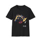 Black unisex cotton t-shirt featuring bold Year of the Horse zodiac graphic: vibrant abstract horse head portrait with detailed mane, intense eye, bridle and harness, geometric accents, and dynamic multicolored paint splatters in gold, blue, red, black, and teal tones exploding outward. Chinese text "马年" (Year of the Horse) printed below in white. Zodiac Chinese New Year motivational crewneck tee.
