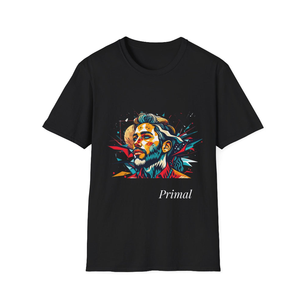 Black unisex cotton t-shirt featuring bold Primal graphic print: stylized bearded man portrait with stylish hair, intense expression, and vibrant multicolored geometric shards in red, yellow, teal, and blue exploding outward. Elegant white cursive "Primal" text below. Primal masculine energy motivational crewneck tee.