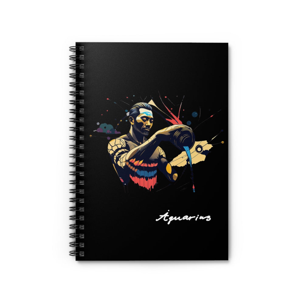 Black spiral-bound notebook with a colorful design of a person and 'Aquarius' text 