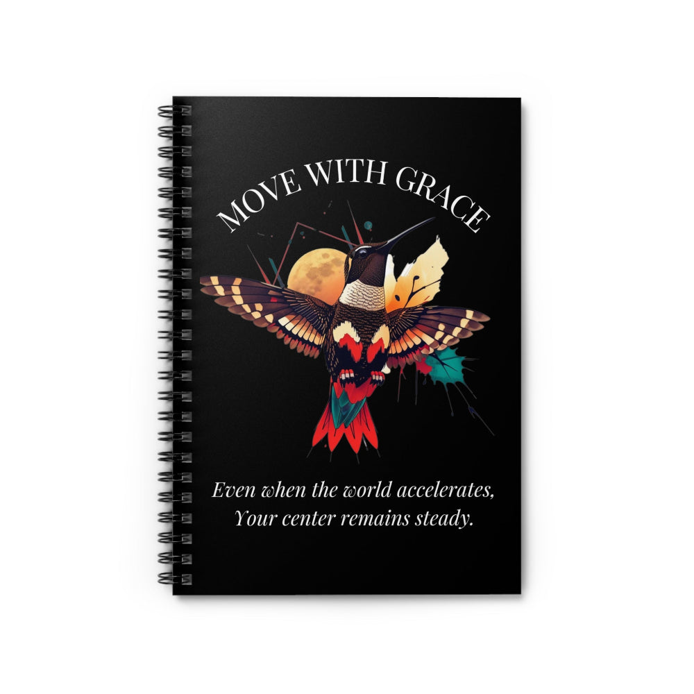 Front view of the "Move With Grace" black journal. Features a colorful hummingbird graphic and inspirational quote. High-quality spiral notebook for personal or professional use.
