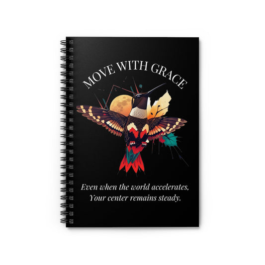 Front view of the "Move With Grace" black journal. Features a colorful hummingbird graphic and inspirational quote. High-quality spiral notebook for personal or professional use.