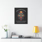 Black canvas wall art print of colorful abstract bear head with intense expression, flowing mane, geometric accents, and cosmic splatters on dark background. Arched white text "GROUNDED POWER" above and quote "Even when life is overwhelming, your roots keep you steady" below. Modern motivational zodiac decor hung on white wall above console table with books and yellow lamp.