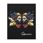 Close up of black canvas wall art print of colorful abstract Gemini twin faces with butterfly wings, cosmic accents, and paint splatters on dark background, featuring "Gemini" in elegant white cursive