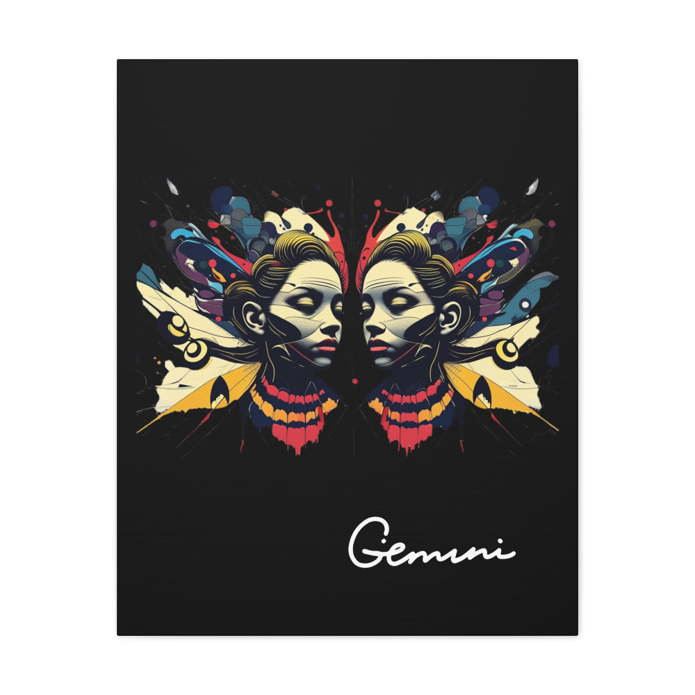 Close up of black canvas wall art print of colorful abstract Gemini twin faces with butterfly wings, cosmic accents, and paint splatters on dark background, featuring "Gemini" in elegant white cursive