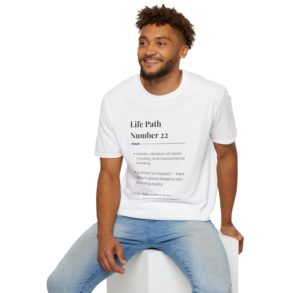 White unisex cotton t-shirt modeled by smiling man with curly hair and beard, featuring bold Life Path Number 22 numerology print in dictionary style: exact text reading "Life Path Number 22 noun · Master vibration of vision, mastery, and monumental building. · Architect of impact — here to turn grand dreams into enduring reality. – see also: build, manifest, legacy". Motivational spiritual numerology crewneck tee.