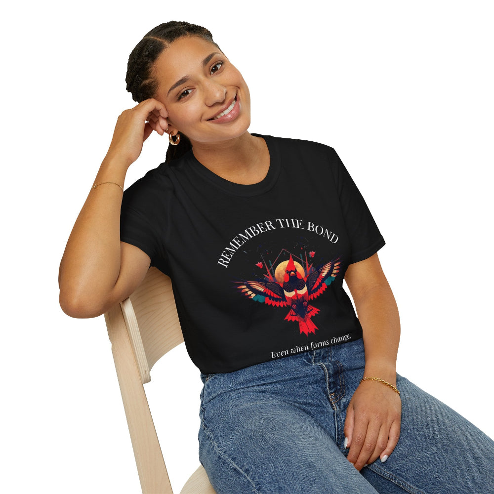 Woman modeling a black t-shirt with 'Remember The Bond' inspirational bird graphic and quote 'Even when forms change, The love remains alive' printed on the front.