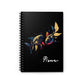 Notebook with a colorful abstract pair of mirrored fish swimming with detailed scales, flowing fins, and paint splatters on a black background, featuring the word "Pisces".