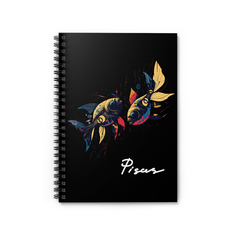 Notebook with a colorful abstract pair of mirrored fish swimming with detailed scales, flowing fins, and paint splatters on a black background, featuring the word "Pisces".