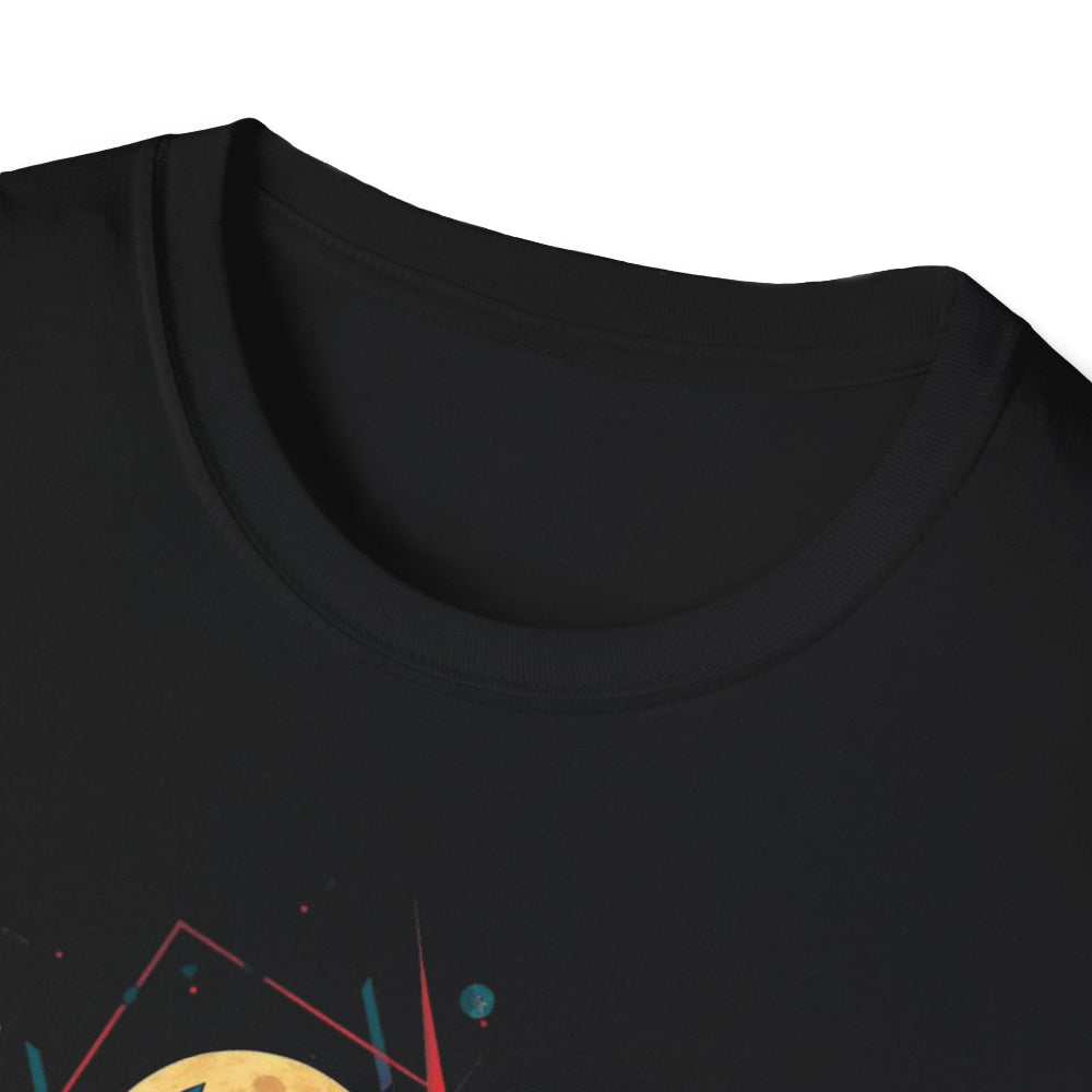 Close-up view of black unisex cotton crewneck t-shirt collar: soft ribbed neckline with clean stitching and comfortable fit. Premium quality durable crew neck construction detail on black graphic tee.