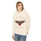 Woman in cream trust the silence hoodie, colorful owl graphic and wisdom quote