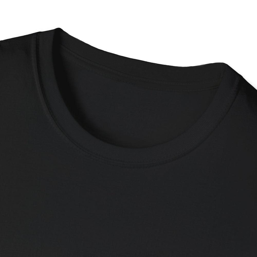 Close-up view of black unisex cotton crewneck t-shirt collar: soft ribbed neckline with clean stitching and comfortable fit. Premium quality durable crew neck construction detail on black graphic tee.