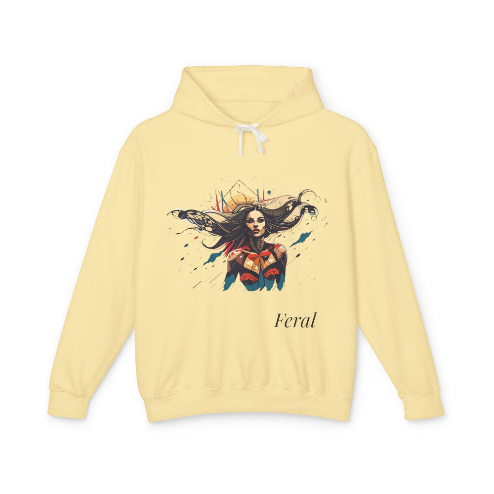 Yellow hoodie with a graphic design of a woman and the word 'Feral' on a white background