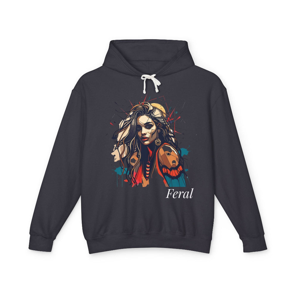 Black hoodie with a colorful graphic design and 'Feral' text on a white background